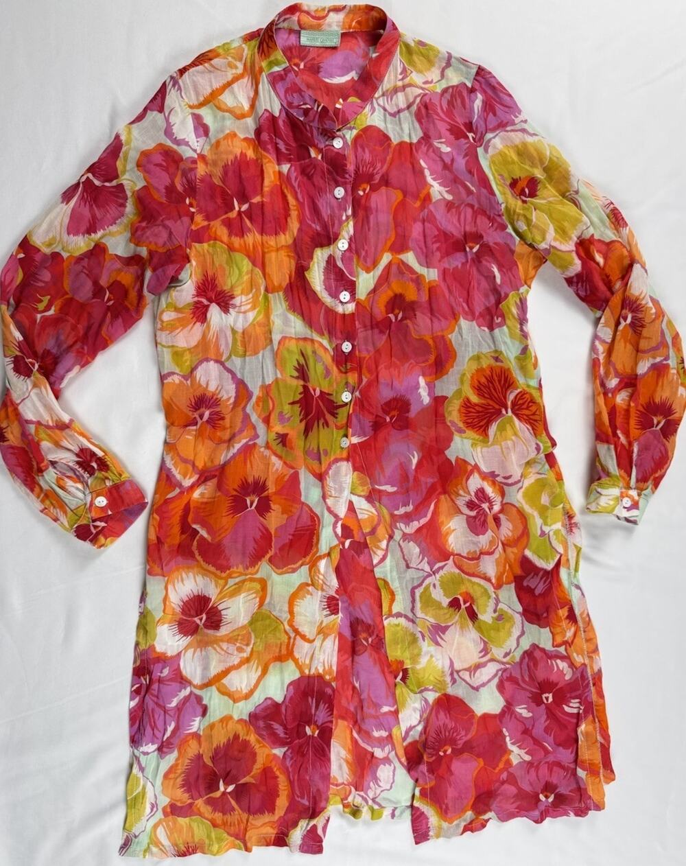 Manuel Canovas Cover Up XS Pink Orange Botanical Sheer Shirt Dress Resort Beach